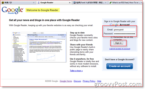 Stran za prijavo v Google Reader:: groovyPost.com