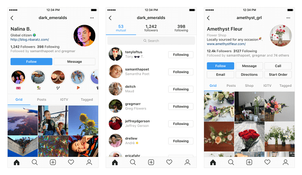 Primeri morebitnih sprememb vašega profila v Instagramu.