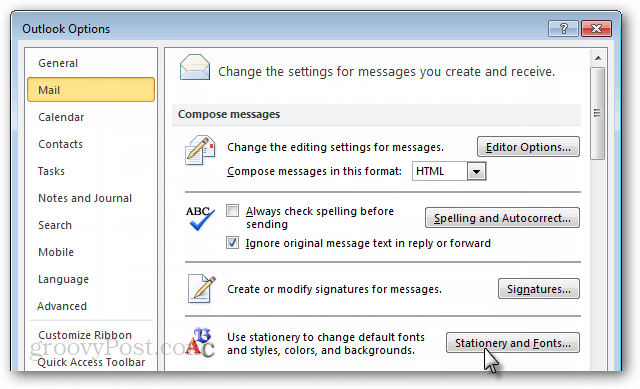 možnosti pošte za Outlook 2010