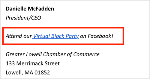 V e-poštnem podpisu promovirajte svoj virtualni Facebook dogodek.