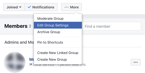 Kako izboljšati skupnost Facebook skupin, možnost menija za urejanje nastavitev Facebook skupine