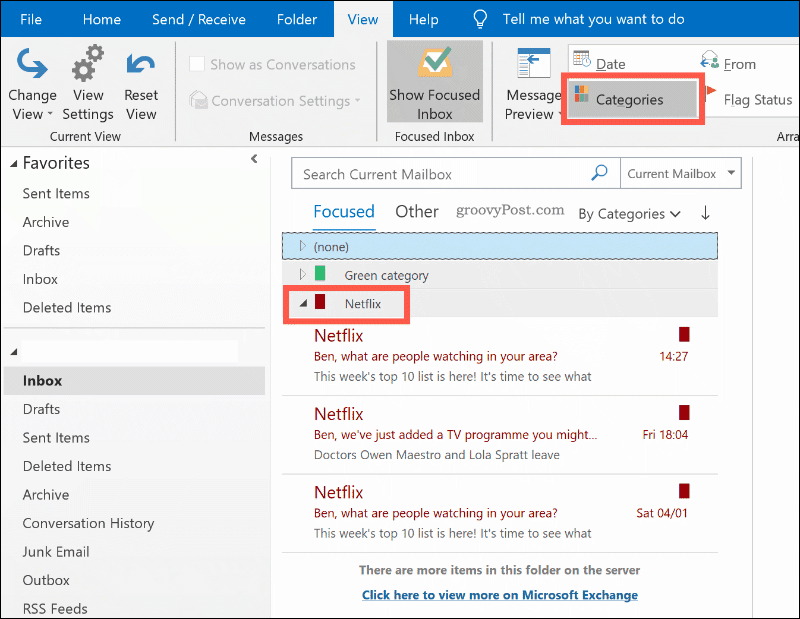 E-pošta, razvrščena glede na barvno kategorijo v Outlooku