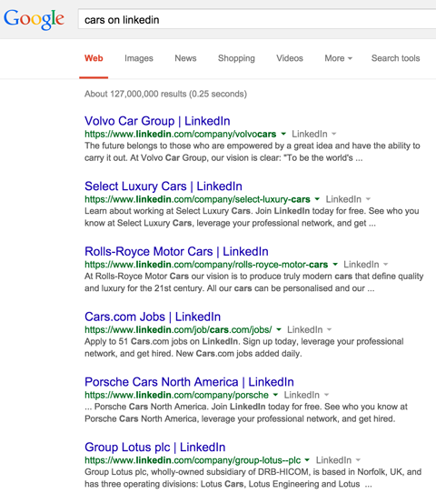 rezultati strani podjetja linkedin v Googlovih rezultatih iskanja avtomobilov na