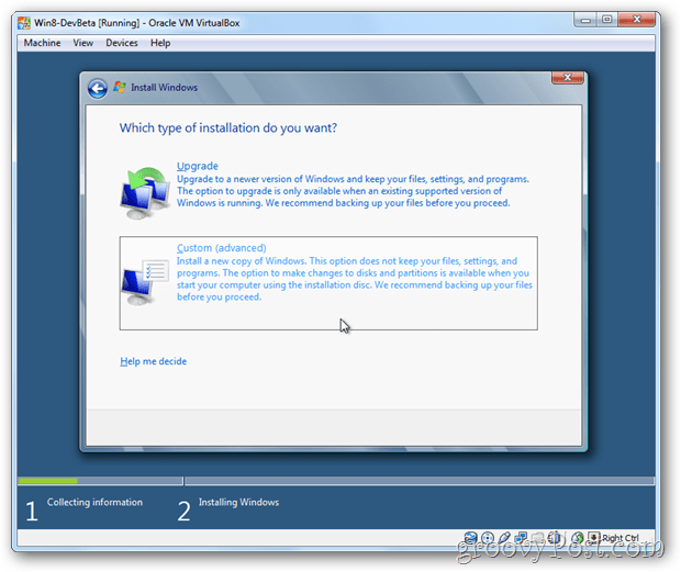 VirtualBox Windows 8 izberite namestitev po meri