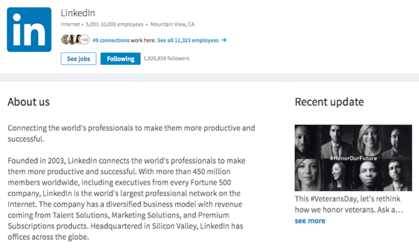Preverite svojo sliko, O nas in posodobitve na strani podjetja LinkedIn.
