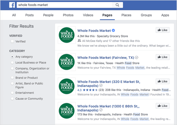 V iskanju na Facebooku se prikažejo posamezne strani o lokaciji.