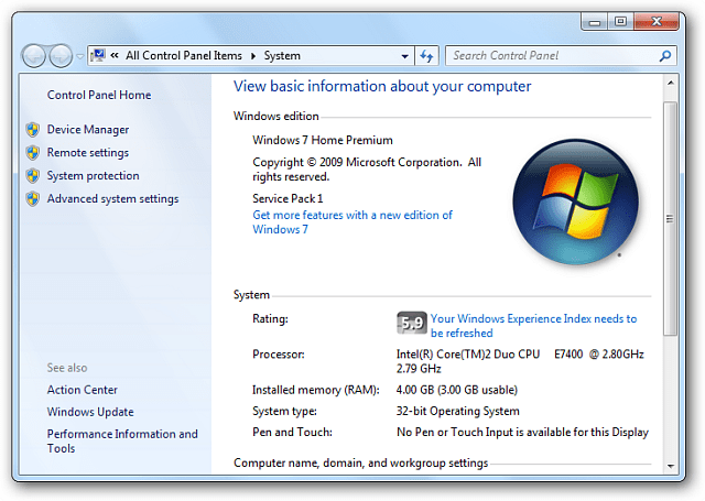 Orodje WEI Windows 7
