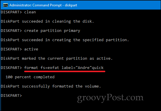 DiskPart Windows 10 ukazna vrstica
