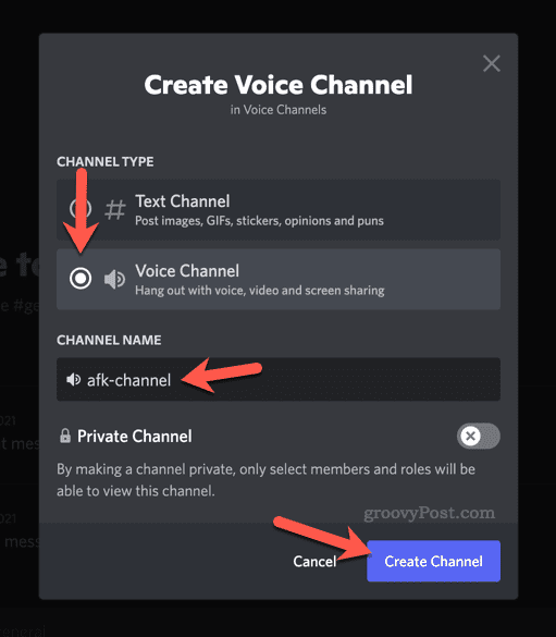 Nastavitev možnosti za nov glasovni kanal v Discordu