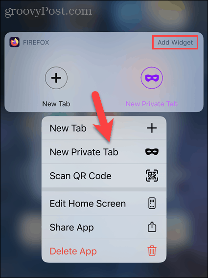 Dolgo pritisnite ikono Firefox v sistemu iOS in izberite Nov zasebni zavihek