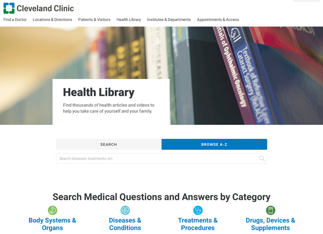 slika spletnega mesta zdravstvene knjižnice klinike Cleveland
