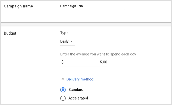 V Google AdWords dodajte ime in proračun oglaševalske akcije.