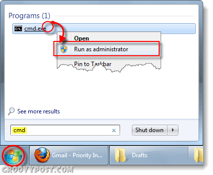 zaženite cmd kot skrbnik v operacijskem sistemu Windows 7