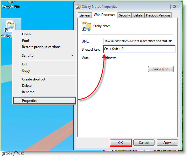 Windows 7 Ustvari nov meni za dodelitev bližnjice: posnetek zaslona