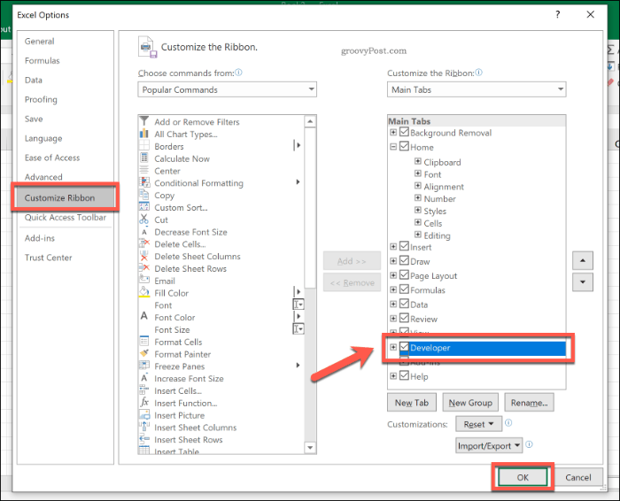 Omogočanje zavihka za razvijalce v Excelu