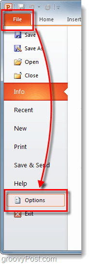 Možnosti datoteke traku za datoteko Powerpoint 2010