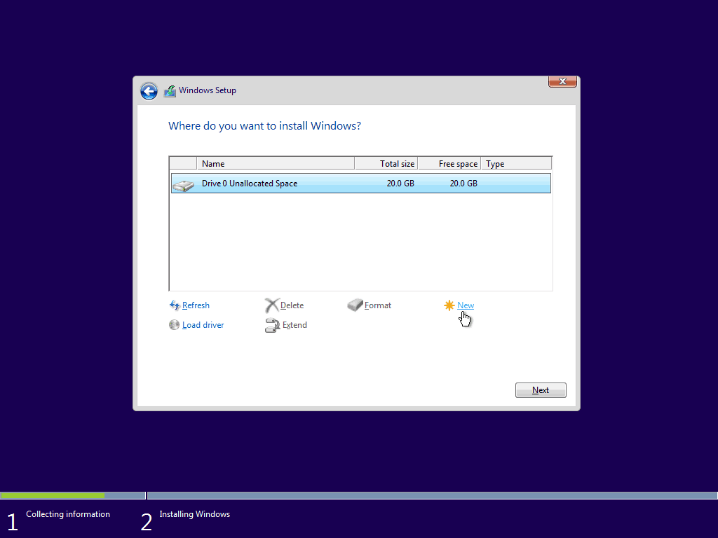 07 Ustvari novo particijo iz nedodeljenega prostora 5 Windows 10 Clean Install