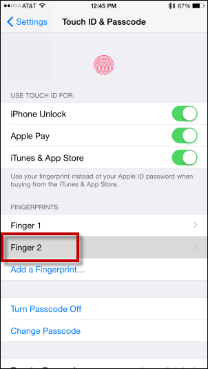 Vsi prstni odtisi bodo prikazani na zaslonu Touch ID & Passcode