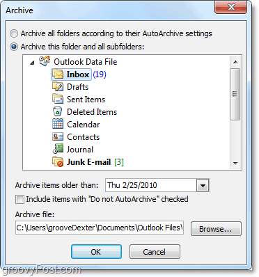 ročne nastavitve arhiva v Outlooku 2010