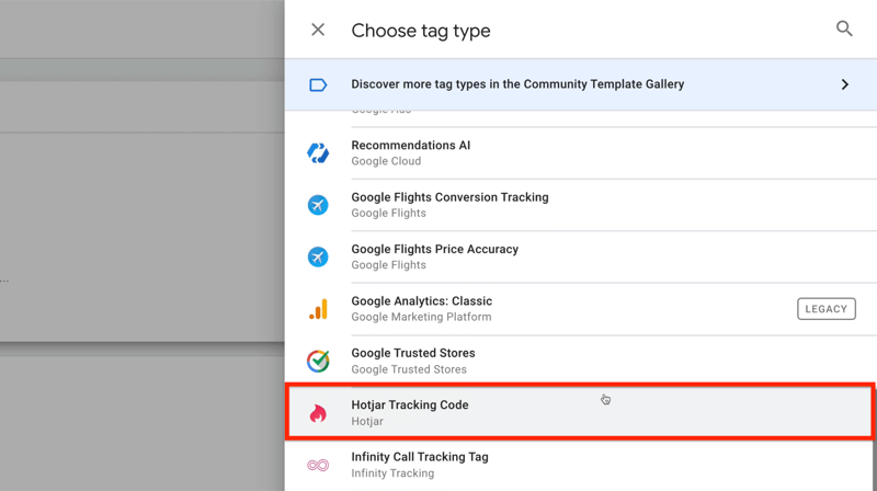 nova oznaka google tag manager z možnostmi menija za izbiro vrste oznak s poudarjeno kodo za sledenje hotjar
