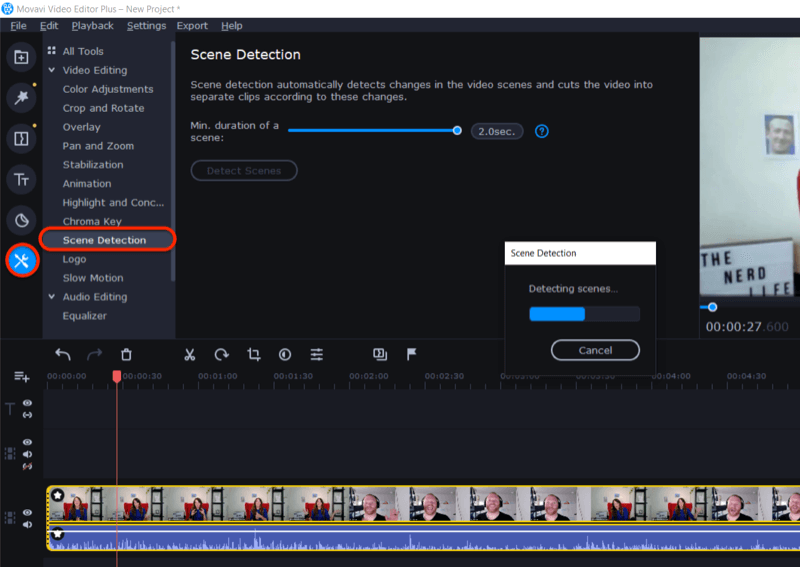 dostop do funkcije zaznavanja prizorov v Movavi Video Editor Plus