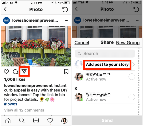 Če želite svoji zgodbi v Instagramu dodati javno objavo, jo odprite, tapnite ikono letala pod sliko in v pojavnem meniju izberite Dodaj objavo v svojo zgodbo.