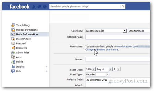 nastavitve facebook nastavitve osnovne informacije uporabniško ime sprememba uporabniško ime