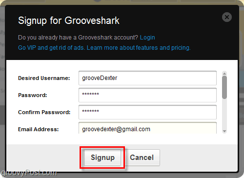 Postopek prijave v Grooveshark