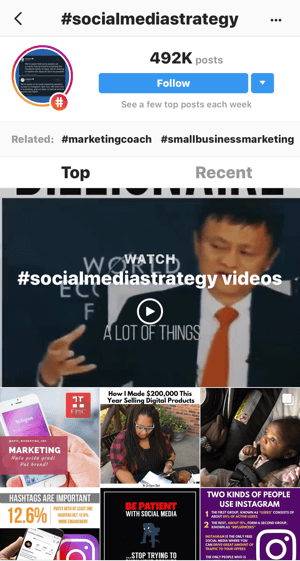 Kako strateško razvijati svoj Instagram po koraku 11, najti ustrezne primere objav, vzorčno iskanje videoposnetkov »#socialmediastrategy«