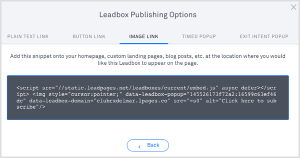 LeadPages Leadbox objavi kodo 