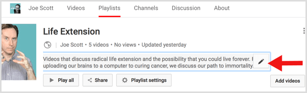 YouTube uredi opis seznama predvajanja