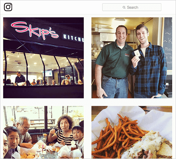 To je posnetek zaslona fotografij iz Instagrama z oznako #skipsdiner. Ena prikazuje zunanjost restavracije, ena moškega, ki drži kartico, kot da je zmagal v igri Joker, ena prikazuje družino, ki jedo za mizo, druga pa hrano, ki jo je nekdo naročil. Jay Baer pravi, da je igra Joker primer sprožilca pogovora.