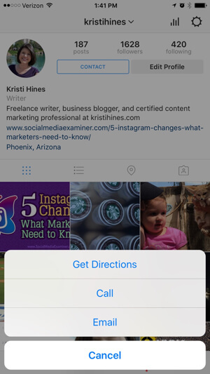 možnosti stika za poslovni profil instagram