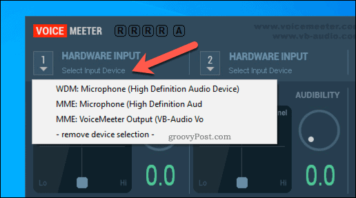 Izbira možnosti vnosa strojne opreme VoiceMeeter