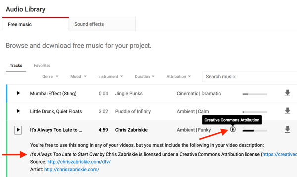 Glasbene datoteke v zvočni knjižnici YouTube bodo zabeležile, ali morate prvotnemu ustvarjalcu pripisati dobropis.