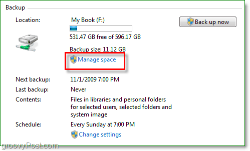 Varnostno kopiranje sistema Windows 7 - upravljanje prostora za varnostno kopiranje na disku