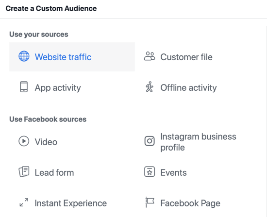 Z orodjem za nastavitev dogodka Facebook, korak 14, možnost menija Facebook izberite promet na spletnem mestu kot vir občinstva