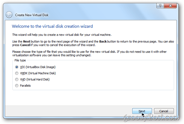 VirtualBox izbere navidezno polje slike diska tipa Windows 8