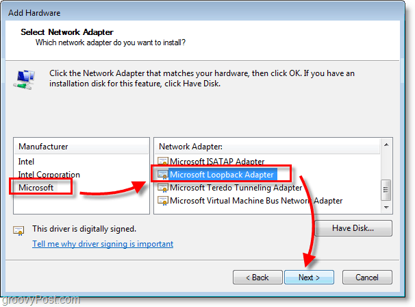 Posnetek zaslona Windows 7 Networking izberite microsoft> microsoft adapter za povratno povezavo