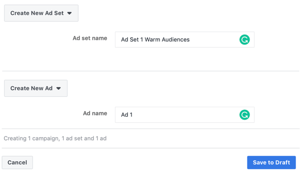 Kako ciljati na tople potencialne stranke z oglasi Facebook Messenger, 3. korak, nastavitve imen oglasov in oglasov