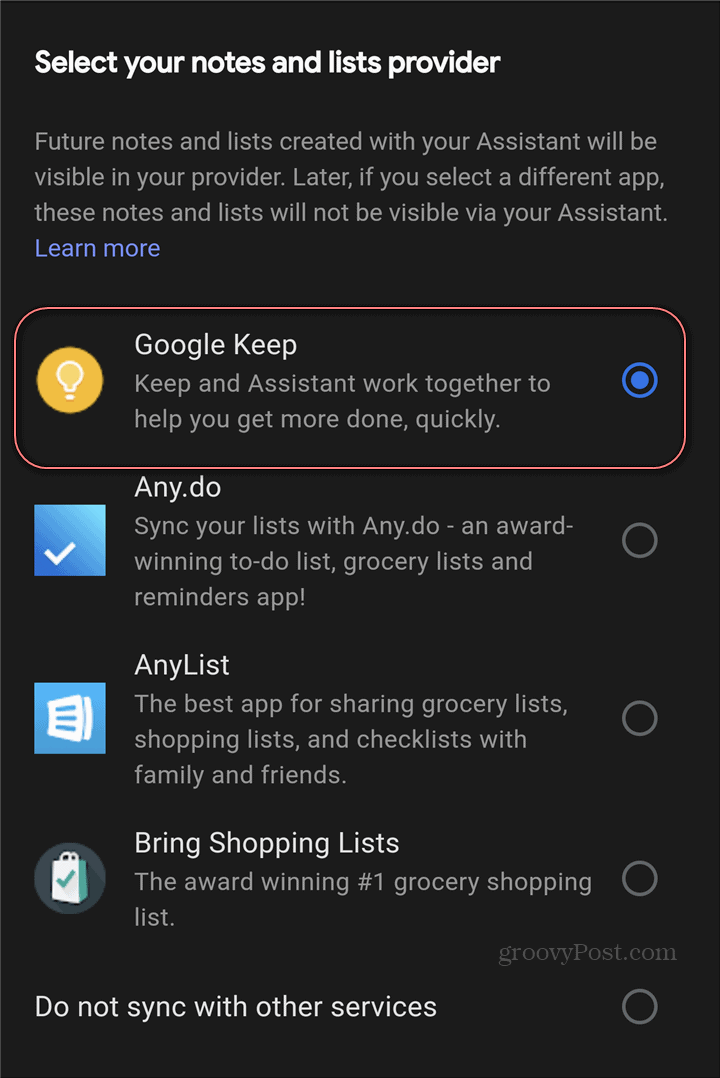 Google Assistant Google Keep ponudnik zapiskov z nastavitvami
