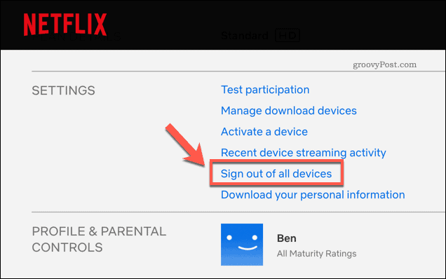 Odjavite se iz vseh naprav Netflix na strani z nastavitvami računa Netflix