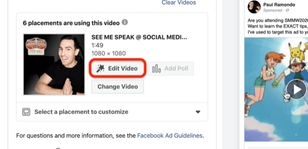 Možnost urejanja videoposnetka za videooglas Facebook