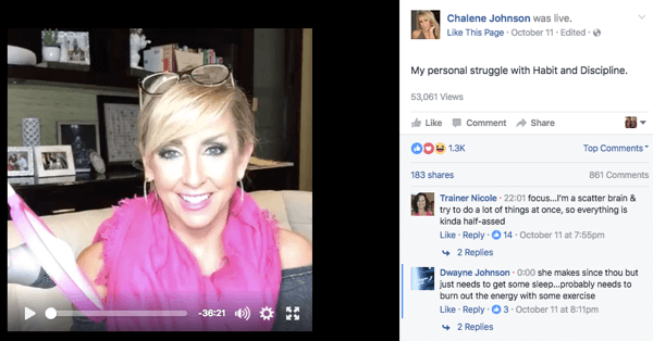 Facebook objava v živo na Facebook strani Chalene.