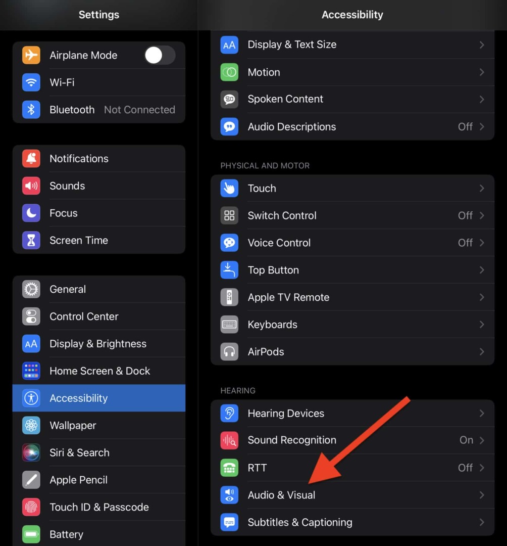 V nastavitvah dostopnosti na iPadu izberite Avdio in vizualno