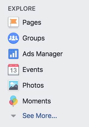 Do Facebook skupin dostopajte v razdelku Raziskovanje osebnega profila na Facebooku.