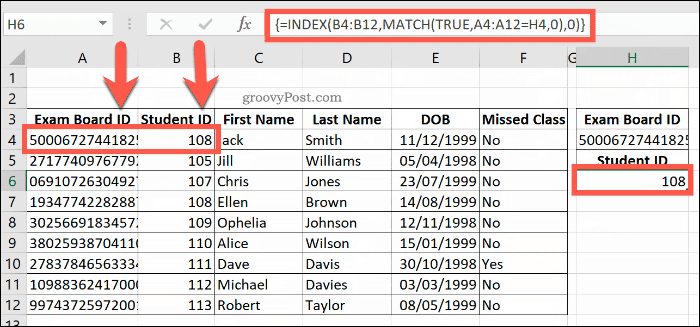 Primer kombinirane formule INDEX in MATCH v Excelu