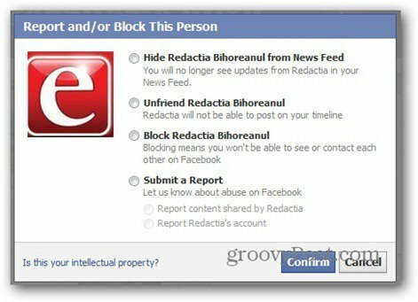 facebook poročilo - blokiraj možnosti