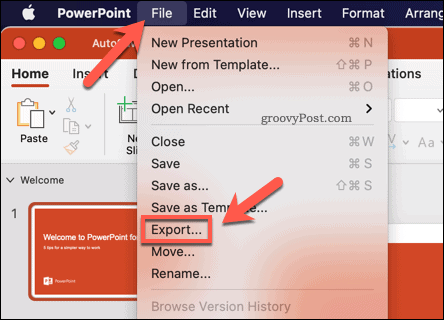 Izvoz predstavitve PowerPoint kot videoposnetek na Macu