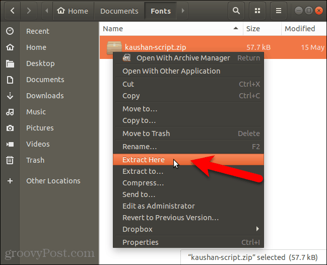 Izvleči datoteko pisav v Nautilusu v Ubuntu